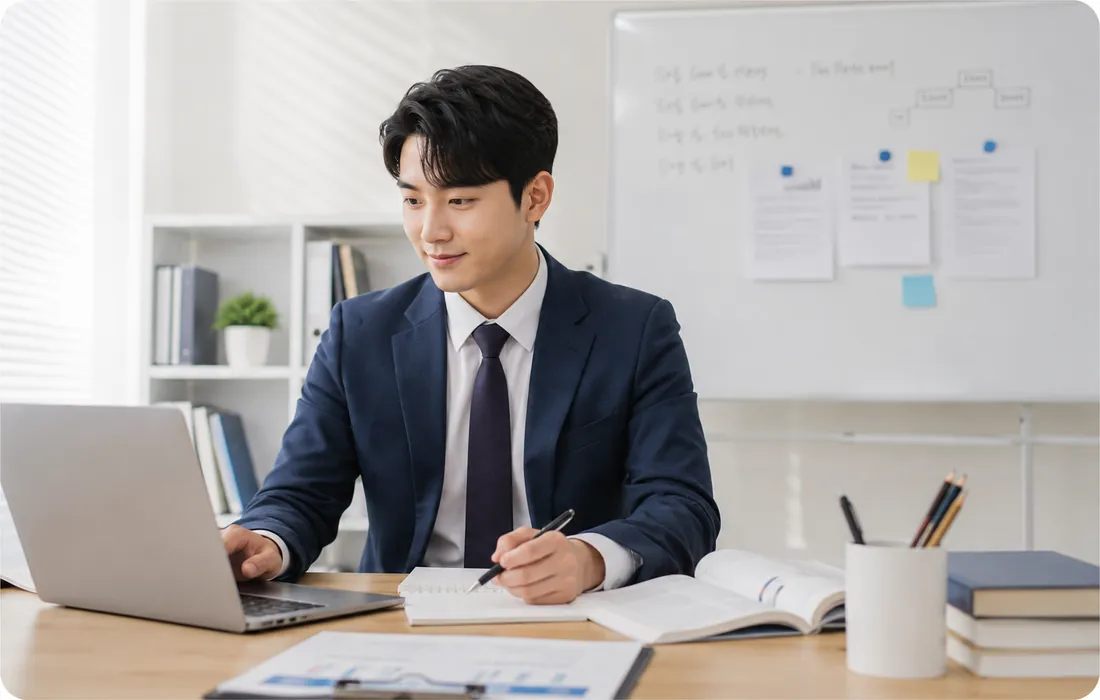 청라 전과목 수업 — 선생님이 학생과 1:1로 확인하는 모습